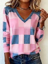Mode pour femmes Motif à carreaux Patchwork Art V-Neck Top